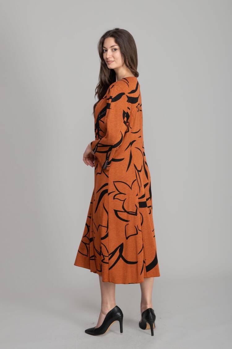 Elegant Orange A-Line Dress With Floral Pattern
