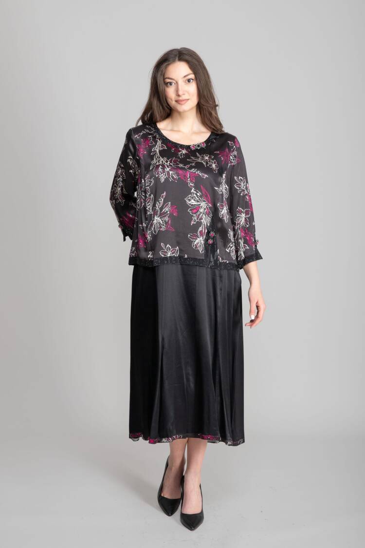 Black Elegant A-Line Midi Dress With 3/4 Sleeves