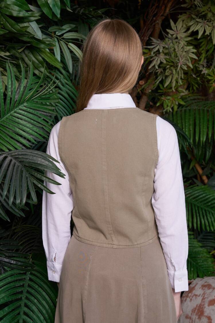 Beige Modest Buttoned Vest With Regular Fit