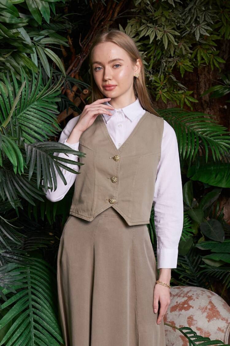 Beige Modest Buttoned Vest With Regular Fit