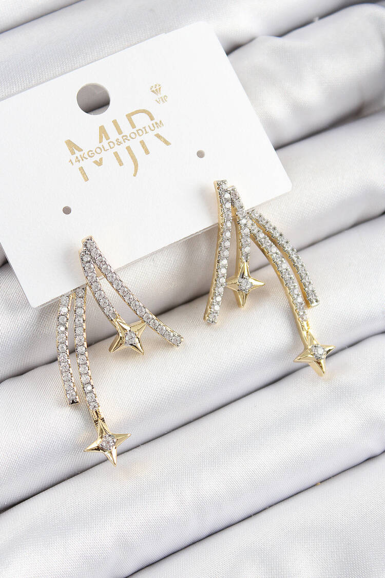 Brass Zircon Stone Floating Star Pattern Gold And Silver Color Women's Earrings - Brand: Ebijuteri - Women's Clothing Wholesale - Globality Store