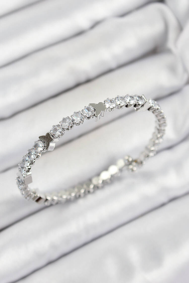 Brass Zircon Stone Heart Pattern Silver Color Bow Women Bracelet - Brand: Ebijuteri - Women's Clothing Wholesale - Globality Store