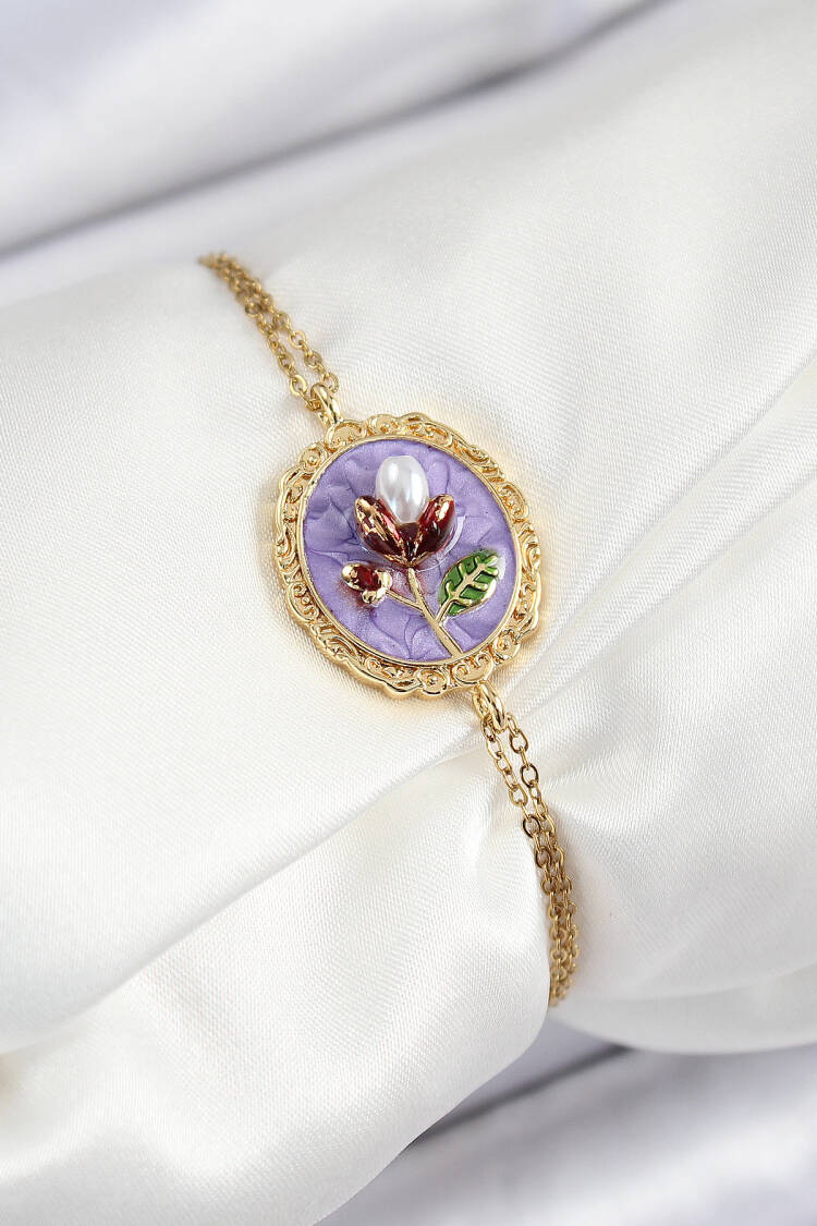 316l Steel Chain Purple Enamel Artistic Portrait Pearl Detailed Tulip Model Gold Color Women Bracelet - Brand: Ebijuteri - Women's Clothing Wholesale - Globality Store