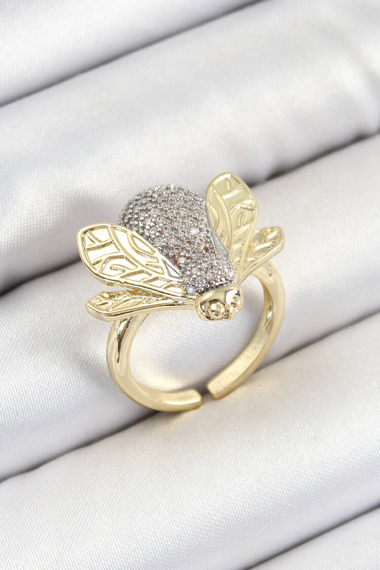 Brass Zircon Stone Bee Model Silver And Gold Color Women Ring - Brand: Ebijuteri - Women's Clothing Wholesale - Globality Store