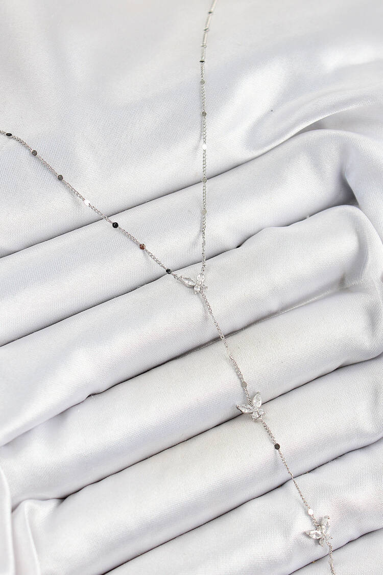 Brass Zircon Stone Sequined Butterfly Figured Y Model Silver Color Women Necklace - Brand: Ebijuteri - Women's Clothing Wholesale - Globality Store