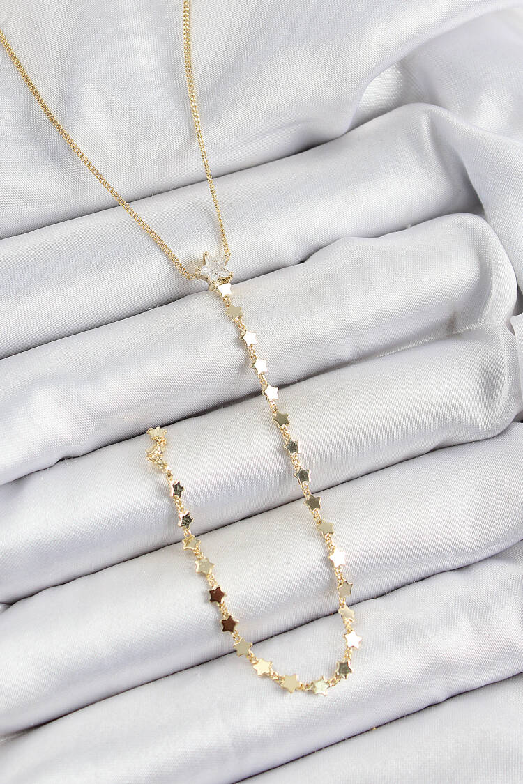 Brass Zircon Stone Star Figured Y Model Gold Color Women Necklace - Brand: Ebijuteri - Women's Clothing Wholesale - Globality Store