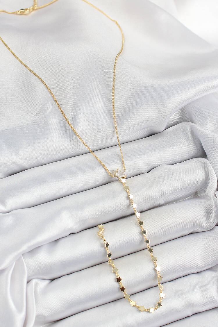 Brass Zircon Stone Star Figured Y Model Gold Color Women Necklace