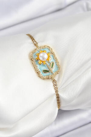 316l Steel Chain Turquoise Enamel Artistic Portrait Pearl Detailed Daisy Pattern Gold Color Women Bracelet - Brand: Ebijuteri - Women's Clothing Wholesale - Globality Store