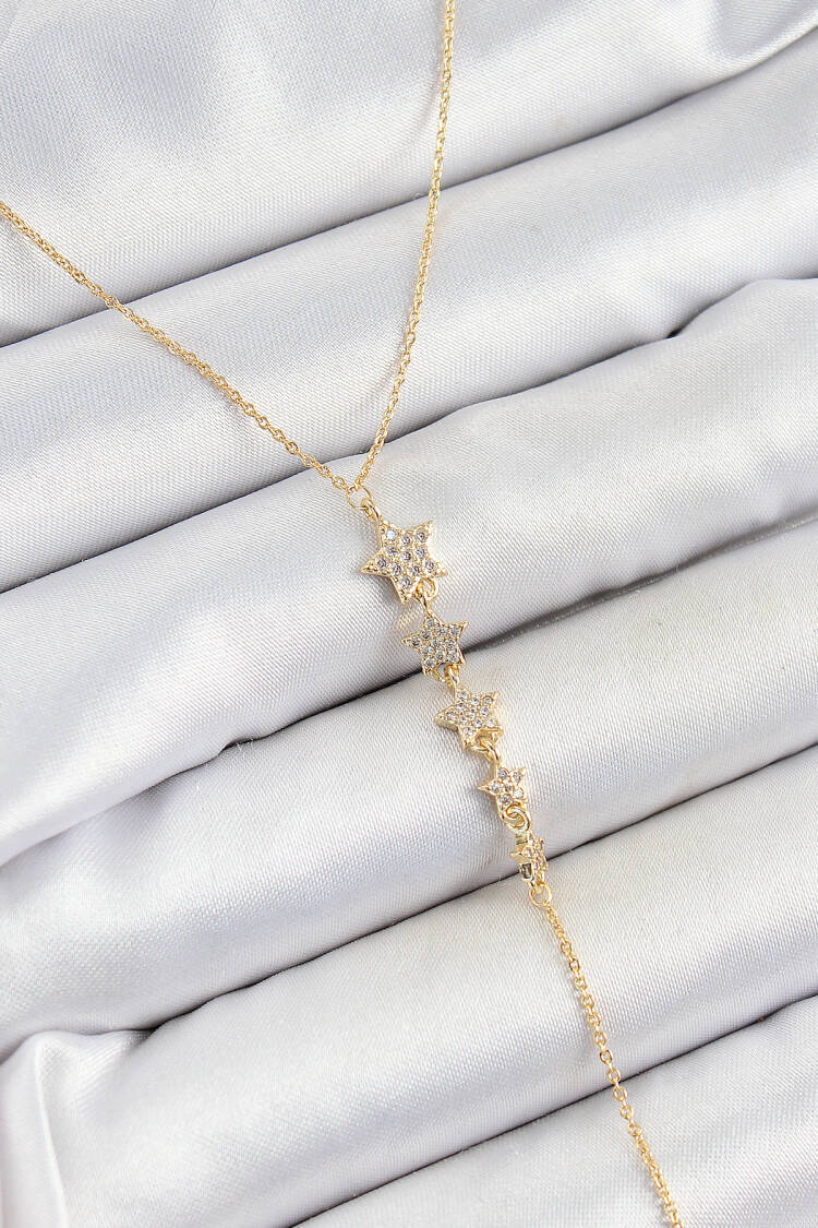 Brass Zircon Stone Sequined Star Figured Y Model Gold Color Women Necklace - Brand: Ebijuteri - Women's Clothing Wholesale - Globality Store