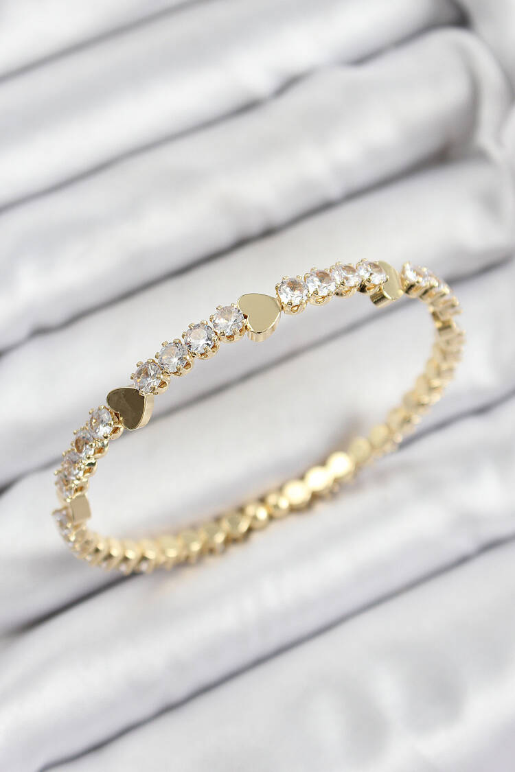 Brass Zircon Stone Heart Model Gold Color Bow Women Bracelet - Brand: Ebijuteri - Women's Clothing Wholesale - Globality Store