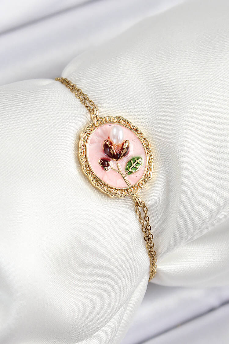 316l Steel Chain Pink Enameled Artistic Portrait Pearl Detailed Tulip Model Gold Color Women Bracelet - Brand: Ebijuteri - Women's Clothing Wholesale - Globality Store