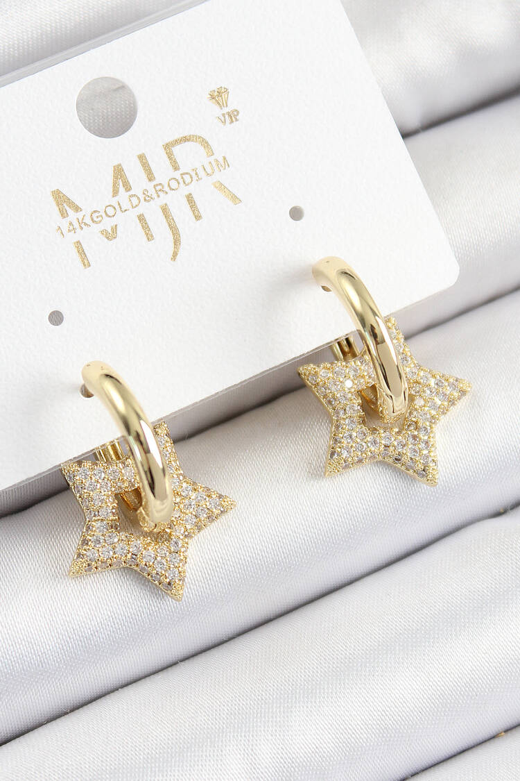 Brass Zircon Stone Star Figured Ring Pattern Gold Color Women's Earrings - Brand: Ebijuteri - Women's Clothing Wholesale - Globality Store