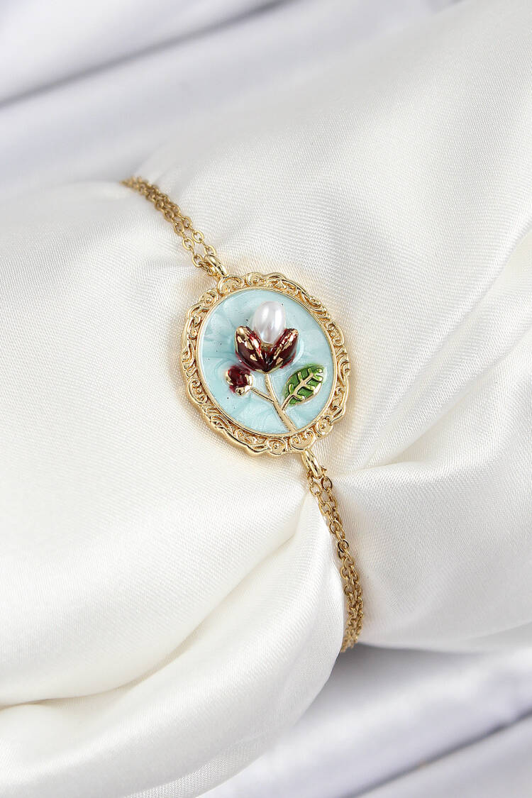 316l Steel Chain Turquoise Enamel Artistic Portrait Pearl Detailed Tulip Model Gold Color Women Bracelet - Brand: Ebijuteri - Women's Clothing Wholesale - Globality Store
