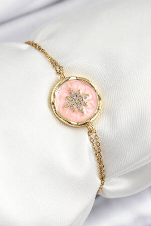 316l Steel Chain Pink Enameled Artistic Portrait North Star Model Gold Color Women Bracelet - Brand: Ebijuteri - Women's Clothing Wholesale - Globality Store