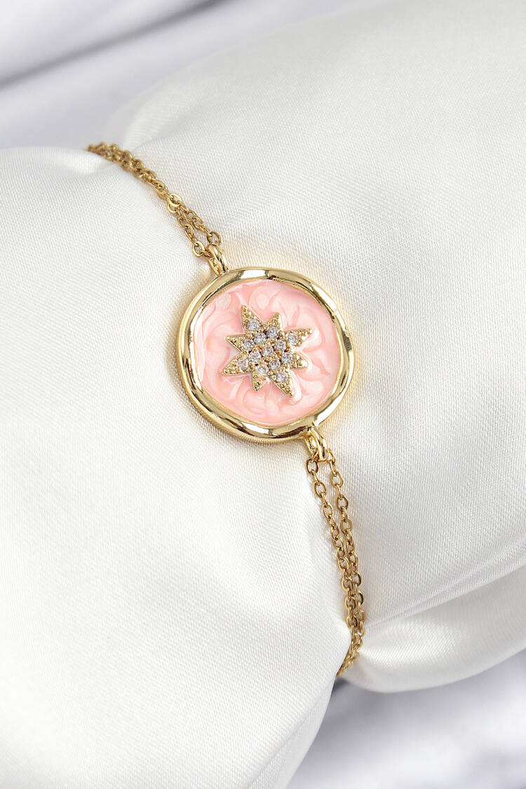 316l Steel Chain Pink Enameled Artistic Portrait North Star Model Gold Color Women Bracelet - Brand: Ebijuteri - Women's Clothing Wholesale - Globality Store
