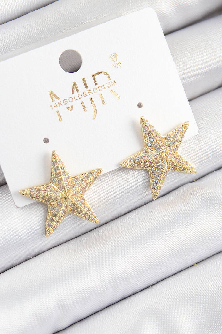 Brass Zircon Stone Star Pattern Gold Color Women's Earrings - Brand: Ebijuteri - Women's Clothing Wholesale - Globality Store