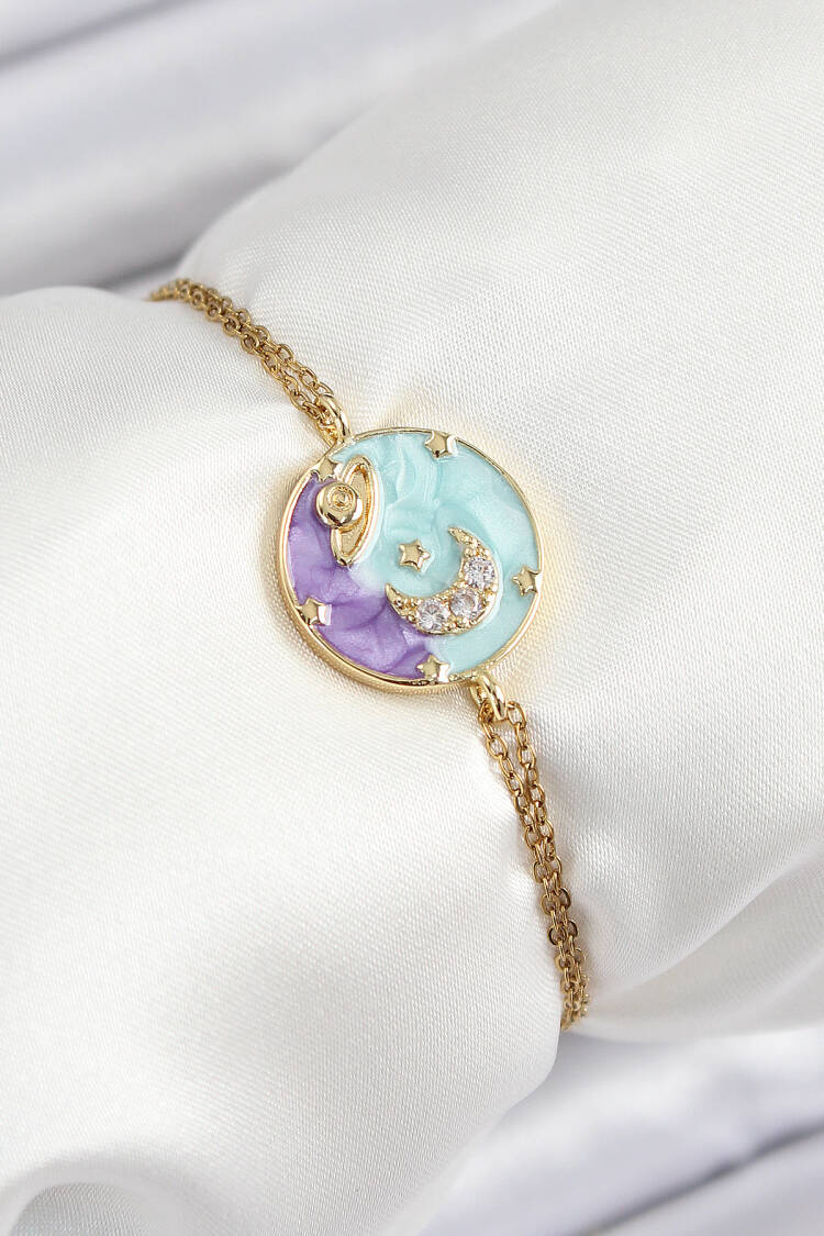 316l Steel Chain Enameled Artistic Portrait Zircon Stone Planet Model Gold Color Women Bracelet - Brand: Ebijuteri - Women's Clothing Wholesale - Globality Store