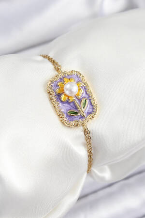 316l Steel Chain Purple Enamel Artistic Portrait Pearl Detailed Daisy Pattern Gold Color Women Bracelet - Brand: Ebijuteri - Women's Clothing Wholesale - Globality Store