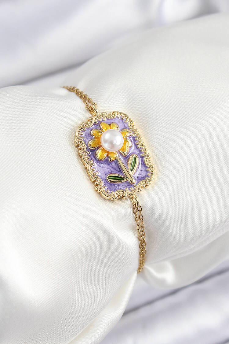 316l Steel Chain Purple Enamel Artistic Portrait Pearl Detailed Daisy Pattern Gold Color Women Bracelet - Brand: Ebijuteri - Women's Clothing Wholesale - Globality Store