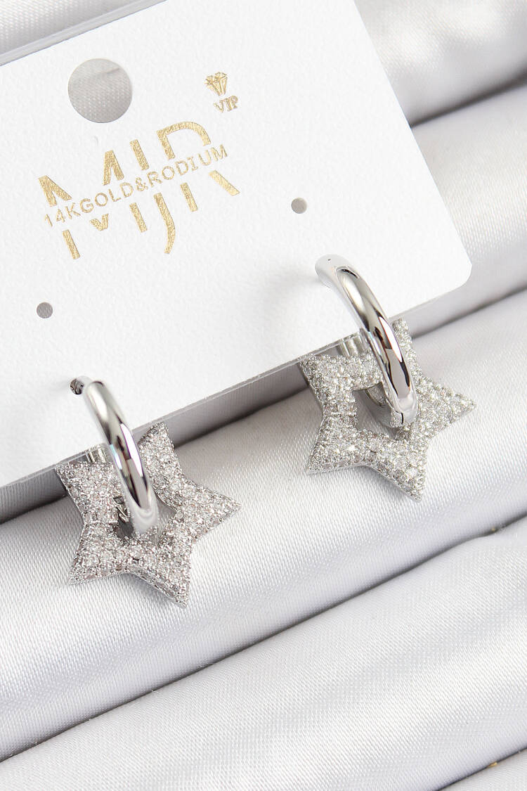 Brass Zircon Stone Star Figured Ring Pattern Silver Color Women's Earrings - Brand: Ebijuteri - Women's Clothing Wholesale - Globality Store