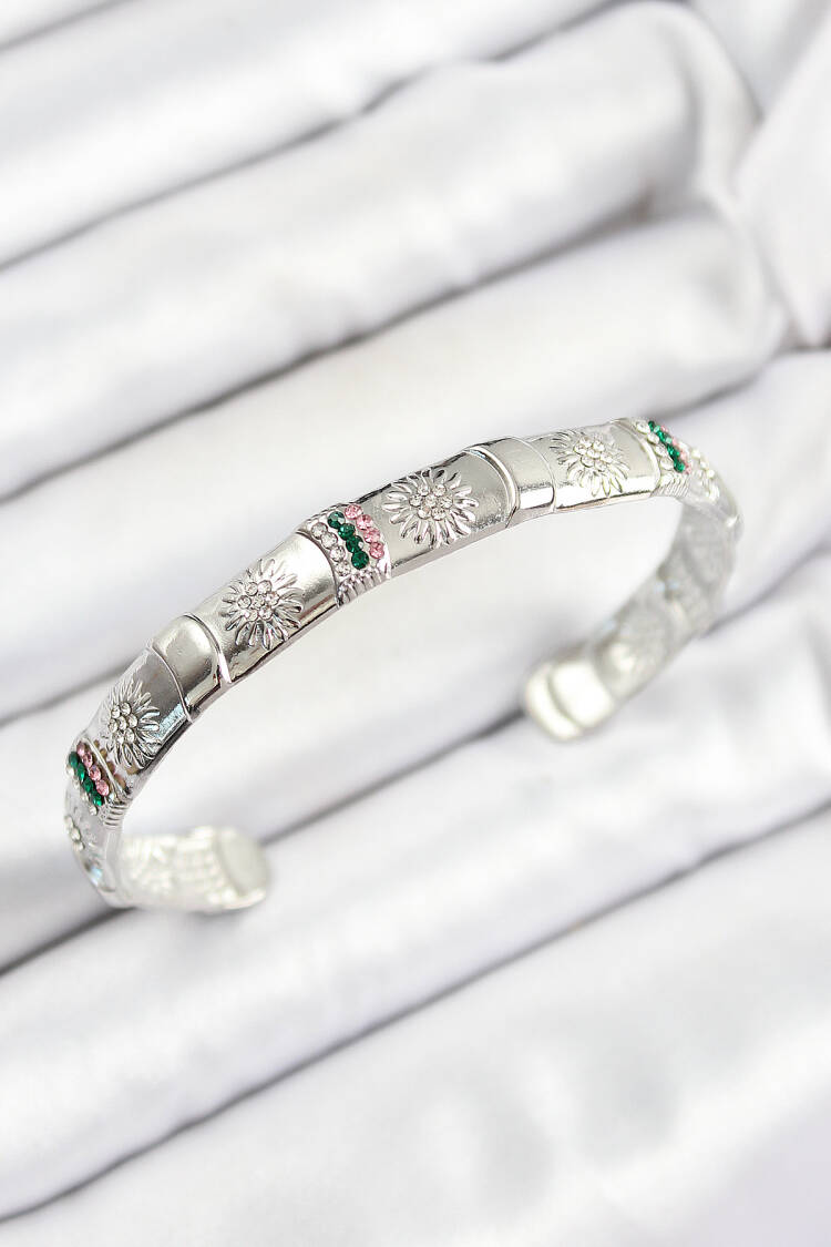 Brass Mixed Zircon Stone Flower Pattern Silver Color Six Open Women's Bracelet - Brand: Ebijuteri - Women's Clothing Wholesale - Globality Store