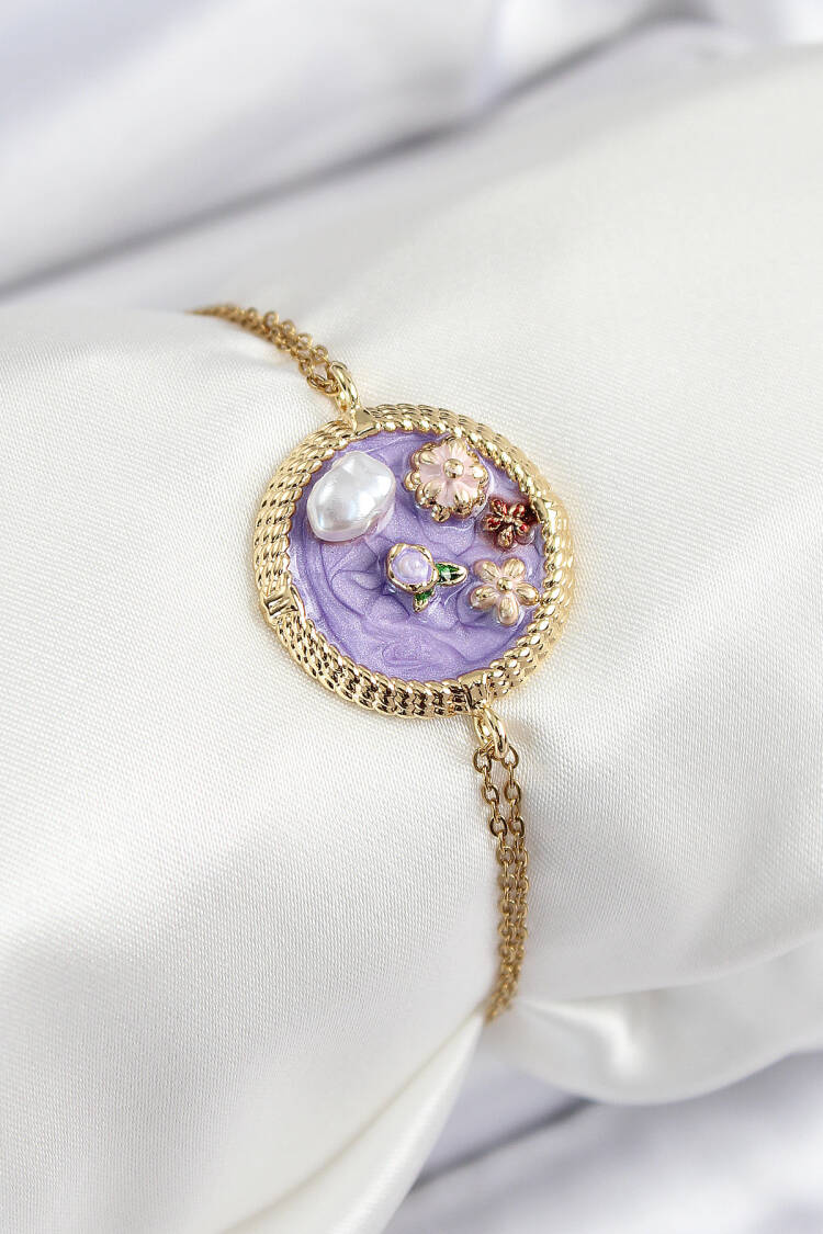 316l Steel Chain Purple Enamel Artistic Portrait Pearl Detailed Flower Pattern Gold Color Women Bracelet - Brand: Ebijuteri - Women's Clothing Wholesale - Globality Store