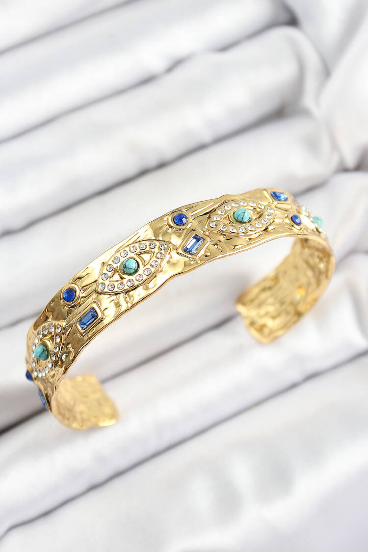 Blue Beaded Eye Model Gold Color Six Clear Women's Bracelet With Brass Zircon Stone - Brand: Ebijuteri - Women's Clothing Wholesale - Globality Store