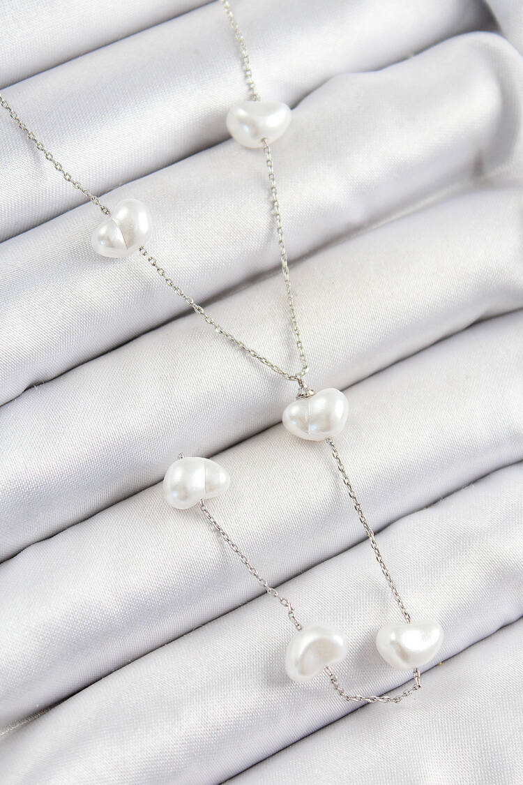 316l Steel Pearl Heart Figured Y Model Silver Color Women Necklace - Brand: Ebijuteri - Women's Clothing Wholesale - Globality Store