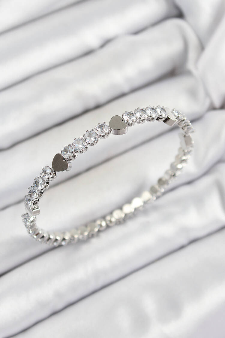 Brass Zircon Stone Heart Pattern Silver Color Bow Women Bracelet - Brand: Ebijuteri - Women's Clothing Wholesale - Globality Store