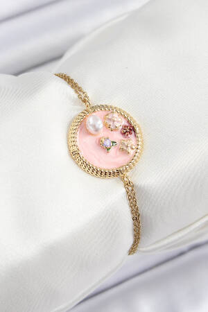 316l Steel Chain Pink Enameled Artistic Portrait Pearl Detailed Flower Pattern Gold Color Women Bracelet - Brand: Ebijuteri - Women's Clothing Wholesale - Globality Store