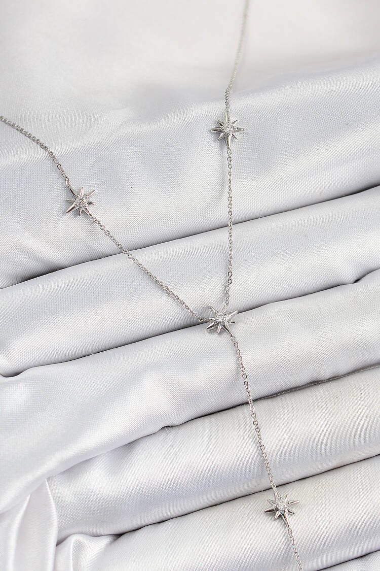 Brass Zircon Stone Pole Star Figured Y Model Silver Color Women Necklace - Brand: Ebijuteri - Women's Clothing Wholesale - Globality Store