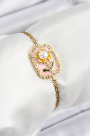 316l Steel Chain Pink Enameled Artistic Portrait Pearl Detailed Daisy Pattern Gold Color Women Bracelet - Brand: Ebijuteri - Women's Clothing Wholesale - Globality Store