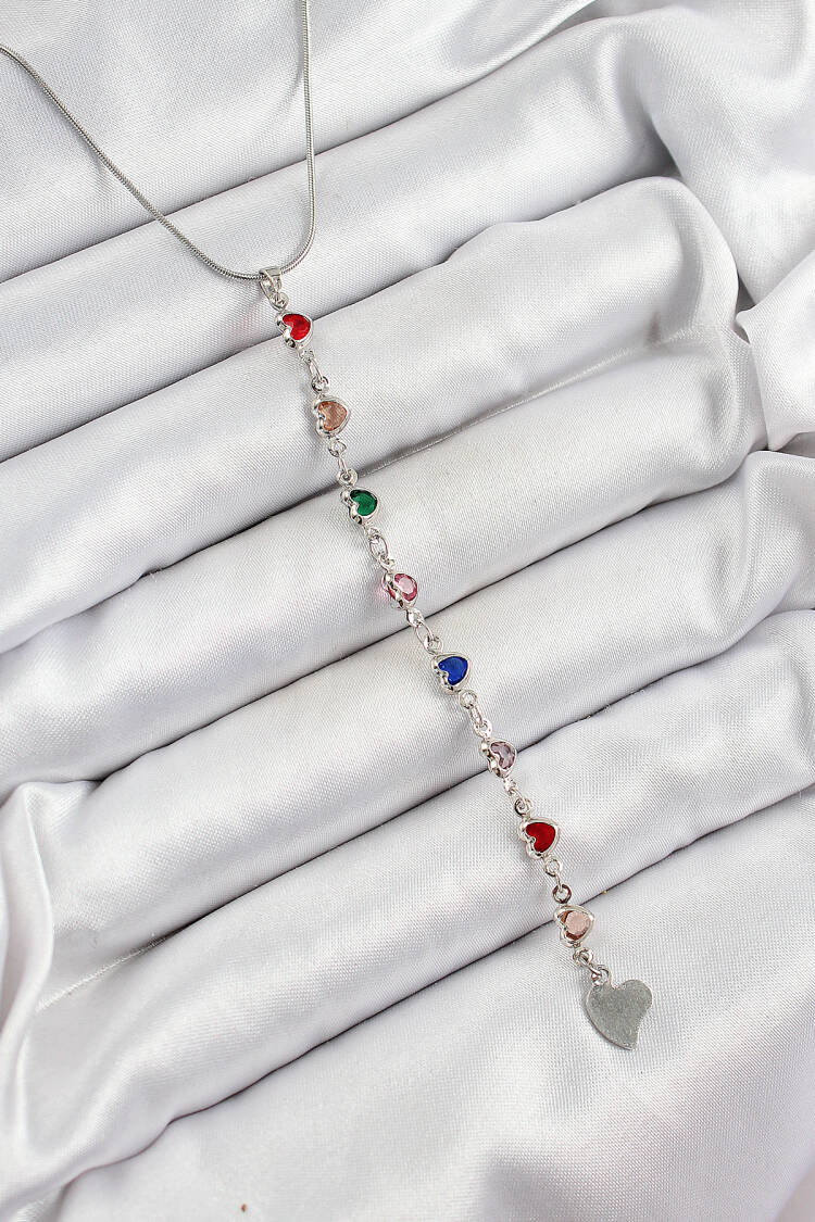Brass Silver Color Mixed Color Zircon Stone Heart Y Women Necklace - Brand: Ebijuteri - Women's Clothing Wholesale - Globality Store