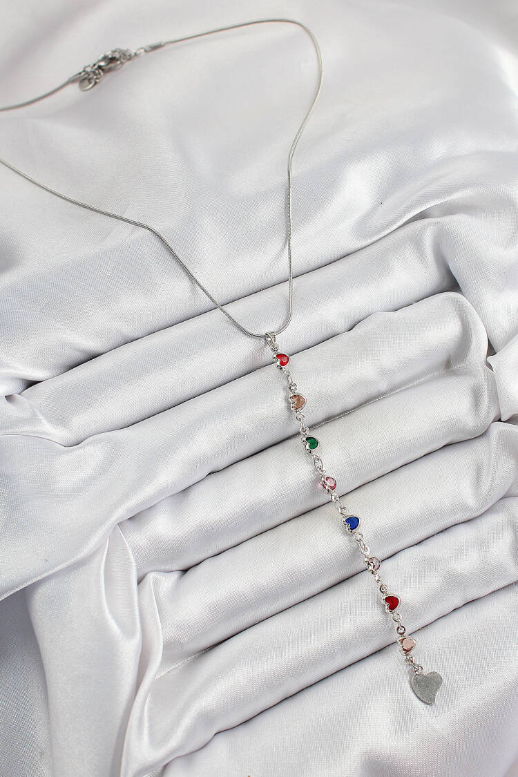Brass Silver Color Mixed Color Zircon Stone Heart Y Women Necklace