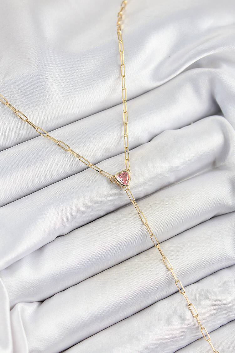 Brass Zircon Stone Pink Heart Figured Y Model Gold Color Women Necklace - Brand: Ebijuteri - Women's Clothing Wholesale - Globality Store