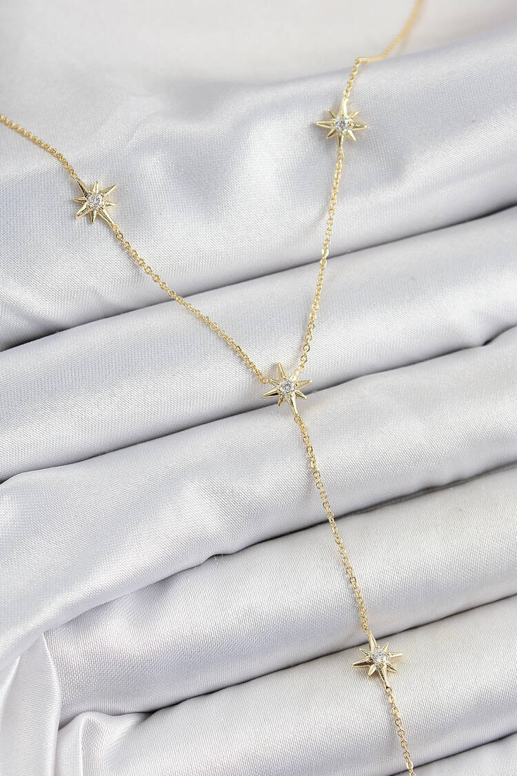 Brass Zircon Stone Pole Star Figured Y Model Gold Color Women Necklace - Brand: Ebijuteri - Women's Clothing Wholesale - Globality Store