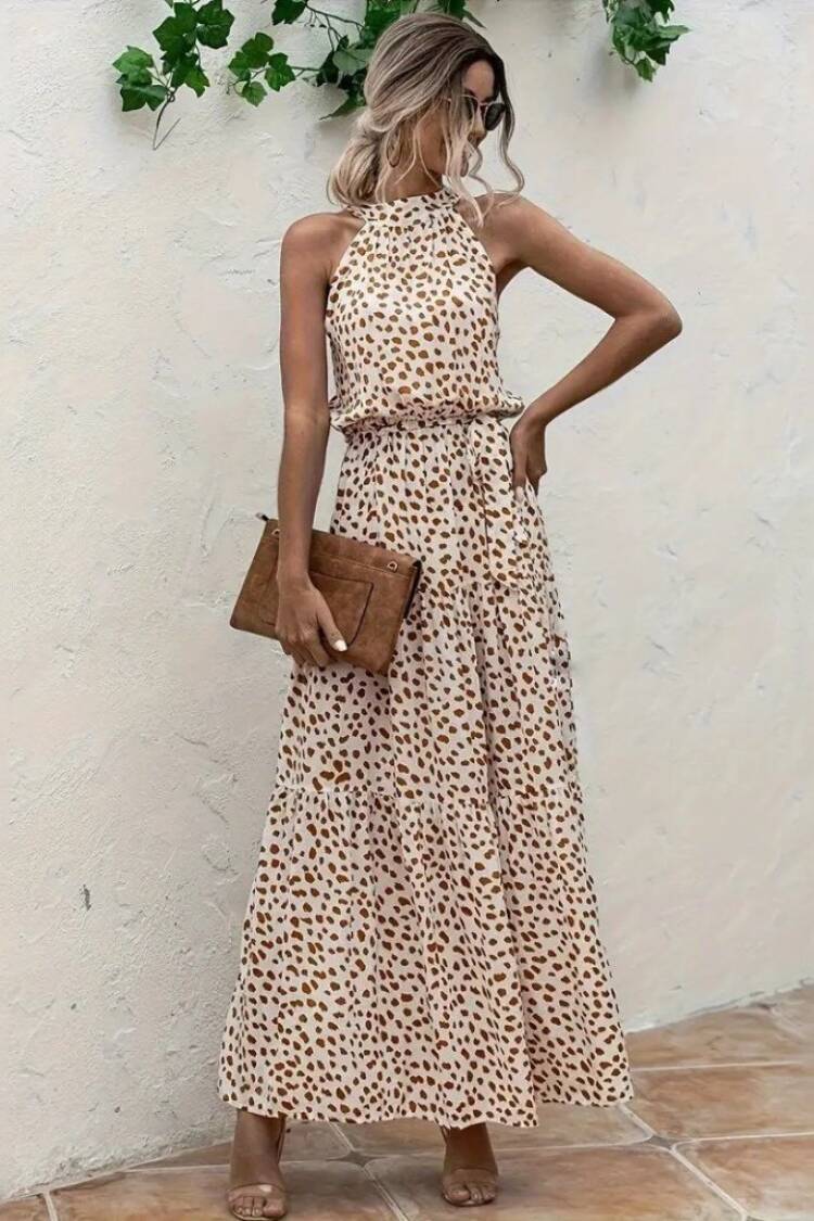 Beige Animal Print Sleeveless Blazer Dress