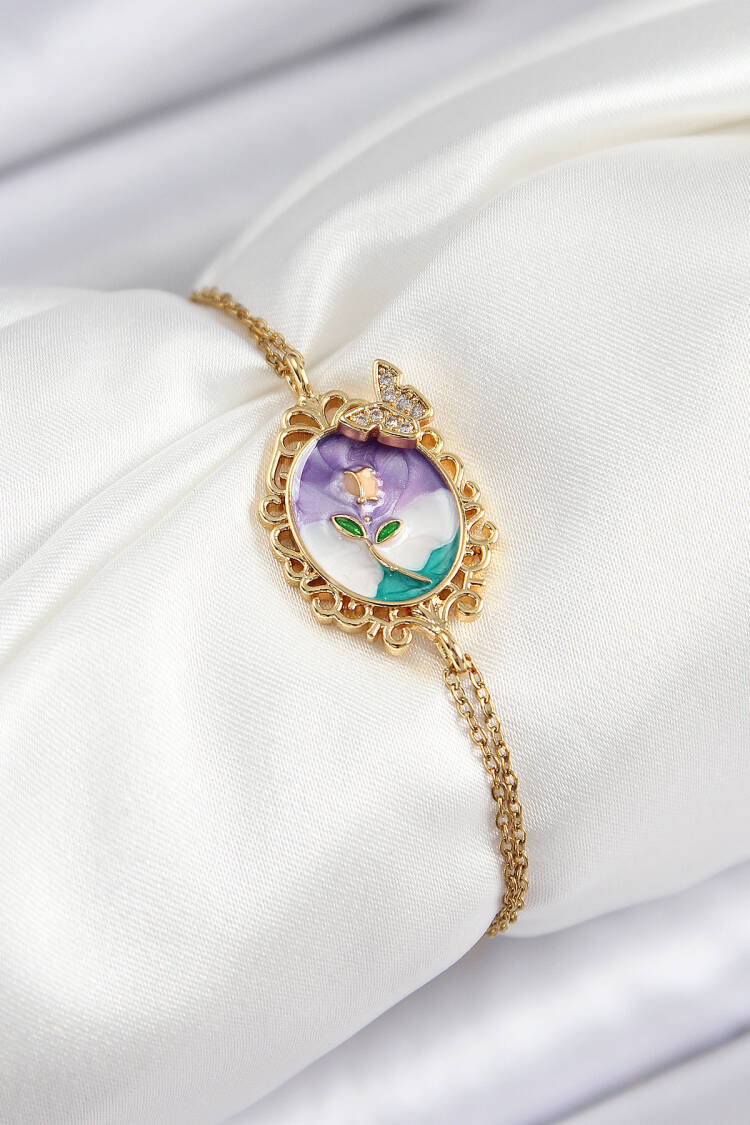 316l Steel Chain Enameled Artistic Portrait Zircon Stone Butterfly Detailed Flower Pattern Gold Color Women Bracelet - Brand: Ebijuteri - Women's Clothing Wholesale - Globality Store