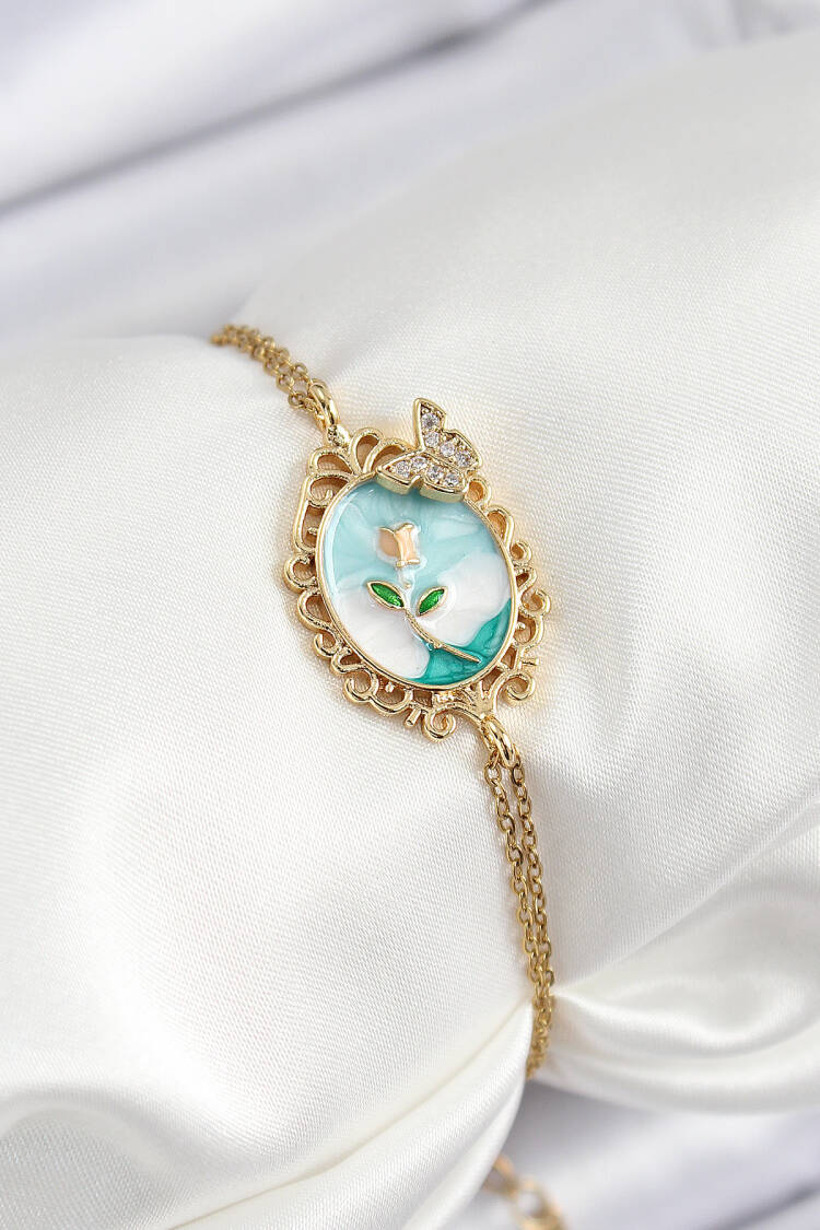316l Steel Chain Enameled Artistic Portrait Zircon Stone Butterfly Detailed Flower Pattern Gold Color Women Bracelet - Brand: Ebijuteri - Women's Clothing Wholesale - Globality Store