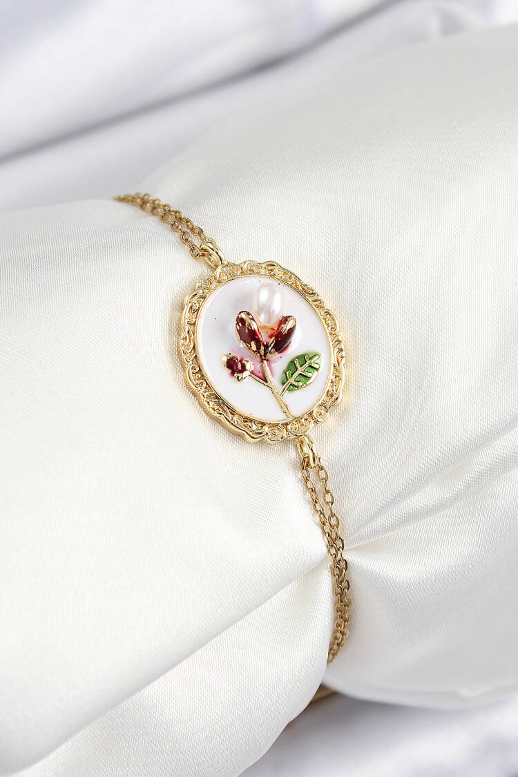 316l Steel Chain White Enameled Artistic Portrait Pearl Detailed Tulip Model Gold Color Women Bracelet - Brand: Ebijuteri - Women's Clothing Wholesale - Globality Store