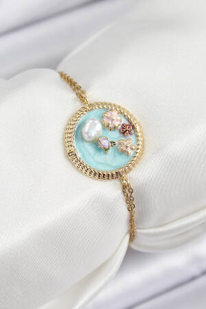 316l Steel Chain Turquoise Enamel Artistic Portrait Pearl Detailed Flower Pattern Gold Color Women Bracelet - Brand: Ebijuteri - Women's Clothing Wholesale - Globality Store