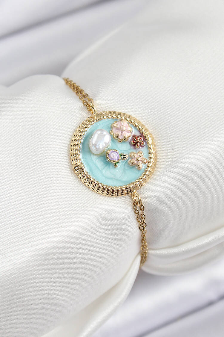 316l Steel Chain Turquoise Enamel Artistic Portrait Pearl Detailed Flower Pattern Gold Color Women Bracelet - Brand: Ebijuteri - Women's Clothing Wholesale - Globality Store