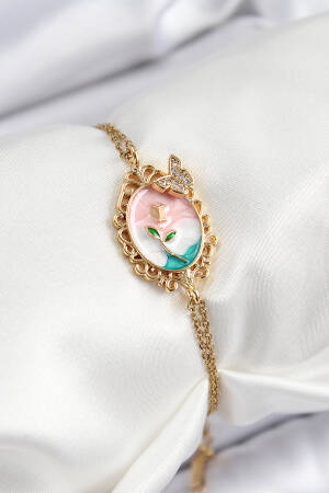 316l Steel Chain Enameled Artistic Portrait Zircon Stone Butterfly Detailed Flower Pattern Gold Color Women Bracelet - Brand: Ebijuteri - Women's Clothing Wholesale - Globality Store