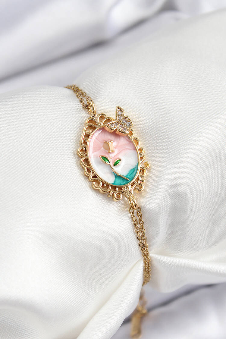 316l Steel Chain Enameled Artistic Portrait Zircon Stone Butterfly Detailed Flower Pattern Gold Color Women Bracelet - Brand: Ebijuteri - Women's Clothing Wholesale - Globality Store