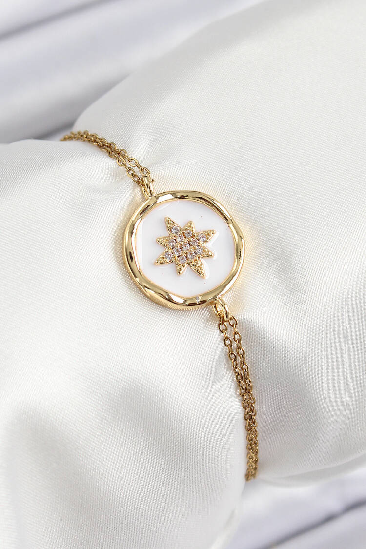 316l Steel Chain White Enameled Artistic Portrait North Star Model Gold Color Women Bracelet - Brand: Ebijuteri - Women's Clothing Wholesale - Globality Store