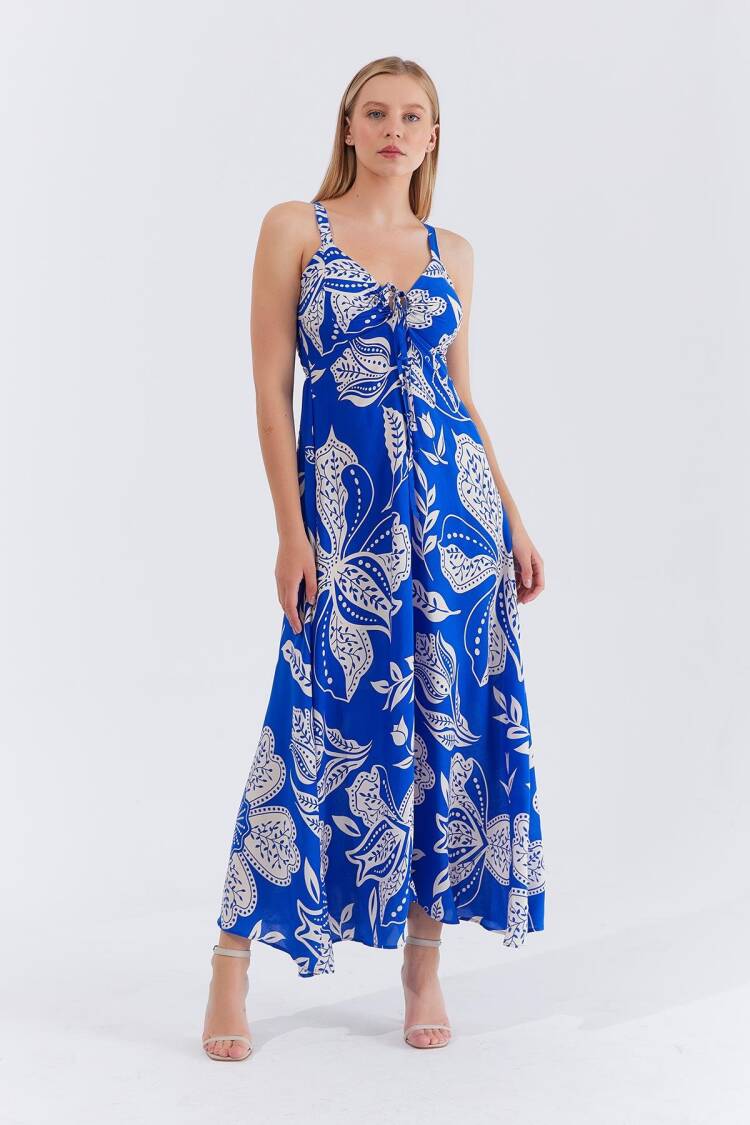 Blue Floral Sleeveless Floor Length Slip Dress - Brand: Reyon - Women's Clothing Wholesale - Globality Store