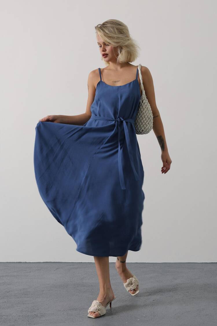 Blue Slip Dress With Square Neck For Work And Party