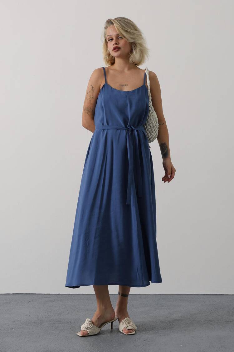 Blue Slip Dress With Square Neck For Work And Party