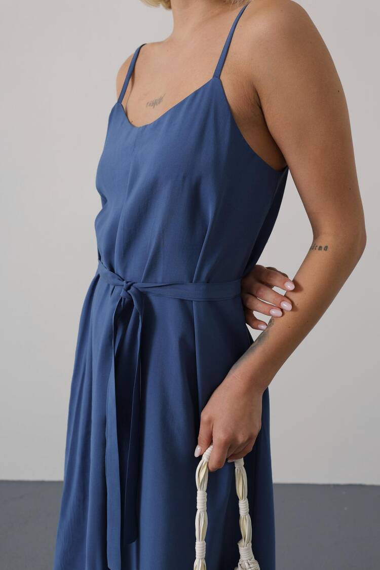 Blue Slip Dress With Square Neck For Work And Party