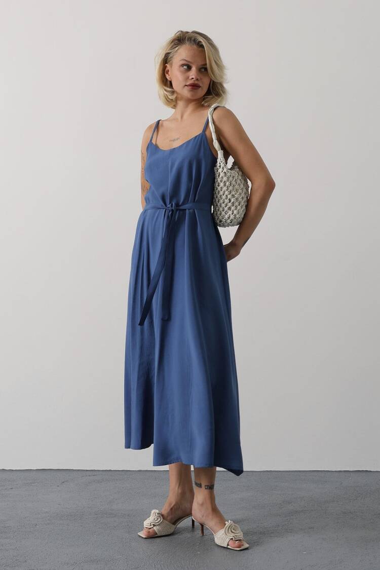 Blue Slip Dress With Square Neck For Work And Party